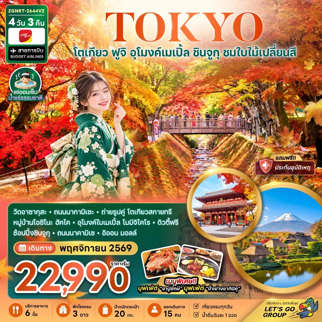 ทัวร์ญี่ปุ่น โตเกียว ฟูจิ อุโมงค์เมเปิ้ล ชินจูกุ ชมใบไม้เปลี่ยนสี (เที่ยวเต็ม) 4วัน 3คืน (VZ)